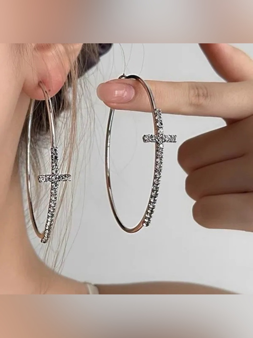 Elegant Silver Cross Pave CZ Hoop Earrings for Women